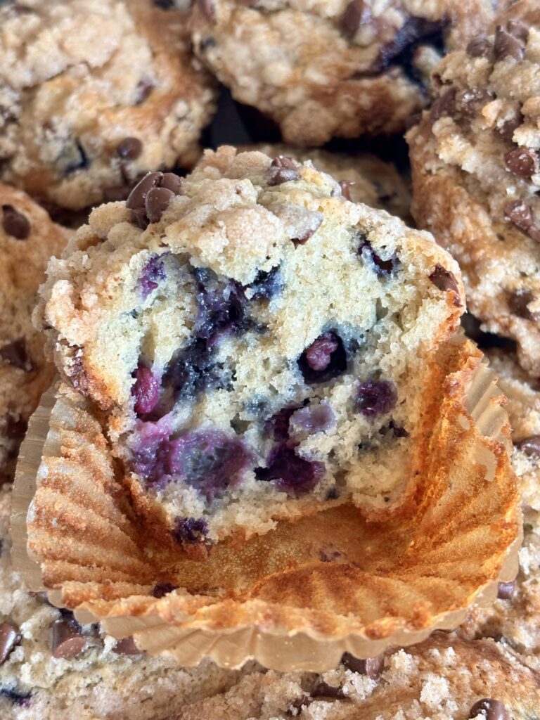 Bakery Style Banana Blueberry Chocolate Chip Muffins