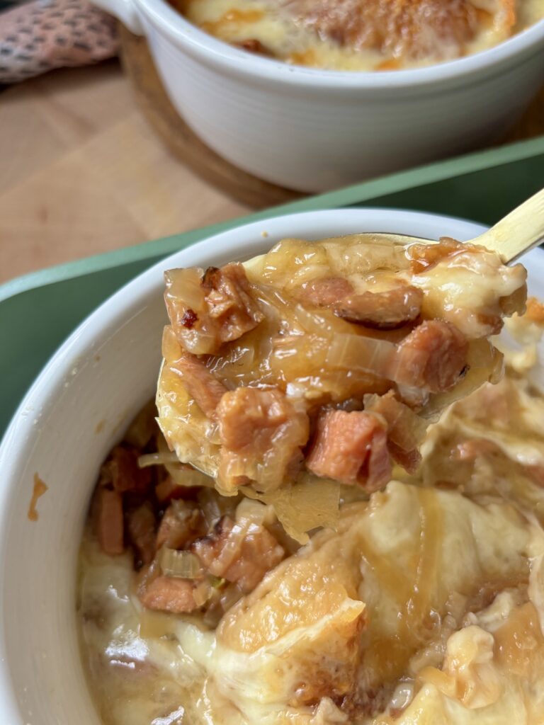 French Onion Soup with Diced Ham and Puff Pastry